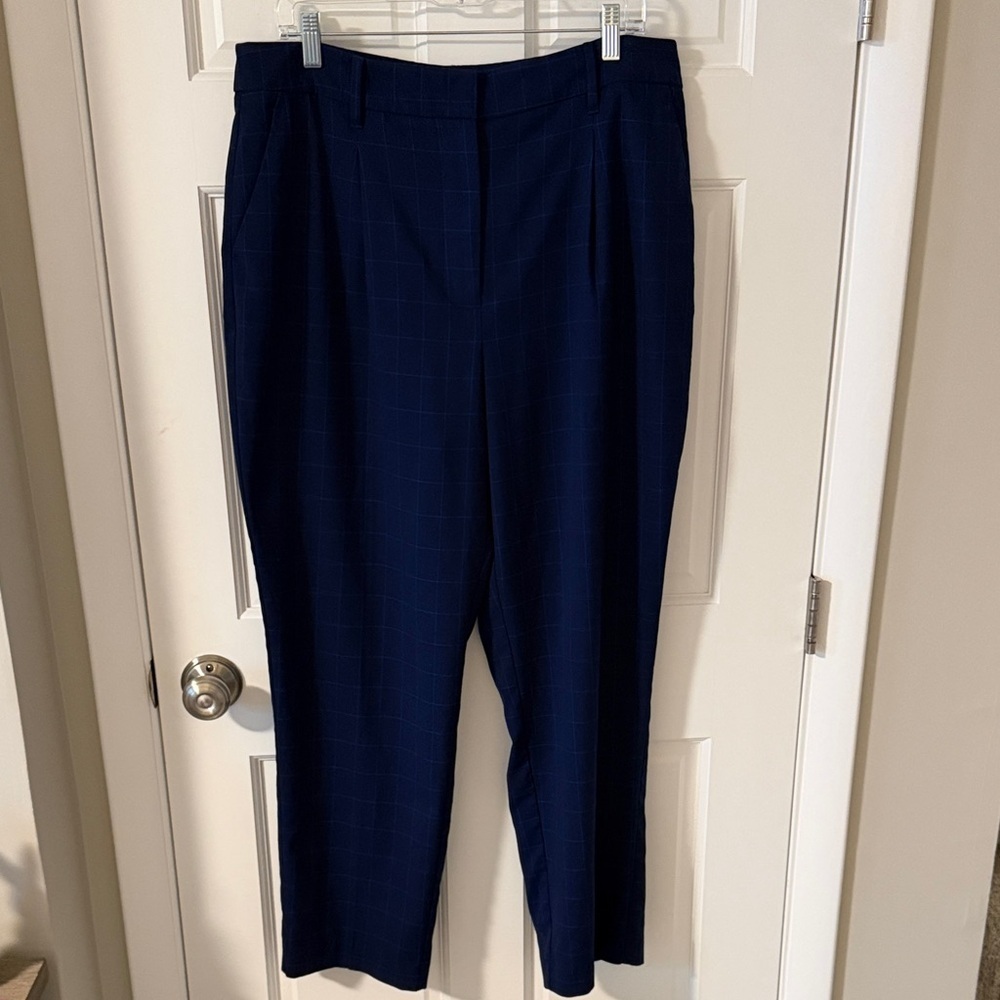 Nine West Women’s High Rise Straight Leg Trousers Navy Windowpane